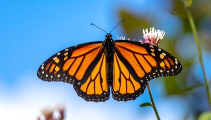 Fototapeta premium Monarch butterfly resting on pink blooms, bright orange wings contrasted against the sunny blue sky in a nature shot