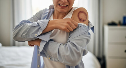 Woman winces, pulling shirt away from painful ringworm infection on upper arm, showcasing skin disease and discomfort at home with sunlight streaming through window