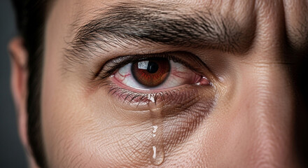 Close-up of a crying man's eye with tears streaming down his face, expressing deep sadness and emotional pain, vulnerability, and human emotion revealed