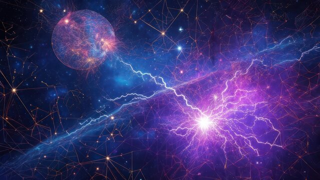 Cosmic energy burst in a vast nebula. Connecting lines and planets