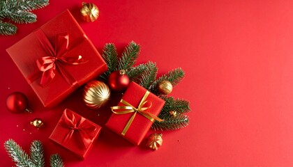 Vibrant Christmas scene with red gifts, gold ornaments, and pine branches on a red backdrop, ideal for holiday greetings and festive celebration themes