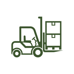 Dark green forklift icon lifting stacked boxes on white background truck vehicle