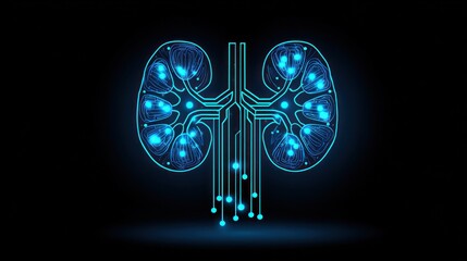 Digital Human Kidneys with AI Technology and Data Network. Futuristic Medical Diagnosis, Biotechnology, and Bionic Organ Concept.