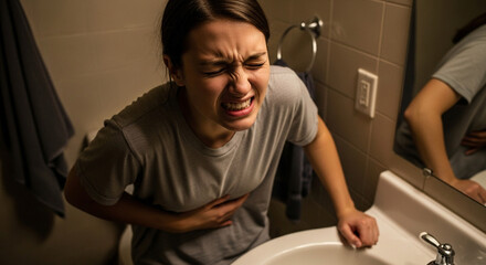 Woman experiencing intense stomach pain in bathroom needs relief now, showing discomfort and seeking comfort for health issues and abdominal distress