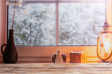 Winter holiday still life on wooden table