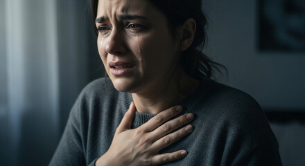 Heartbroken woman cries with hand on chest, portraying sadness and grief, perfect for mental health awareness and emotional support campaigns