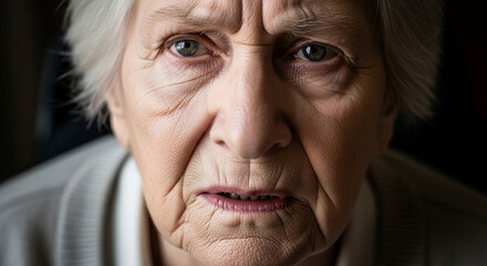 Worried elderly woman facing challenges and showing deep concern, her face reflecting a lifetime of experience and resilience, a portrait of aging