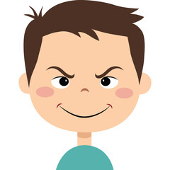 Illustration of a young boy with brown hair and a mischievous grin showing rosy cheeks wearing a teal shirt and a sly expression on a transparent background