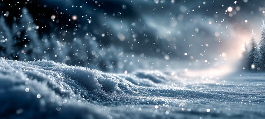 Snowy winter landscape with falling snowflakes and trees