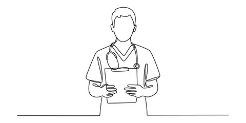 Continuous line art drawing of a medical doctor with clipboard