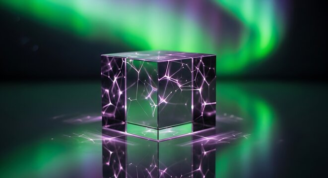 Mystic cube reflecting auroras with plexus of light and futuristic touch
