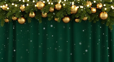 Elegant Christmas Decoration with Golden Ornaments, Pine Garland, and Sparkling Lights on Green Background