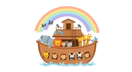 Obraz premium Charming Noah's Ark Illustration with Animals and Rainbow Symbolizing Hope and New Beginnings