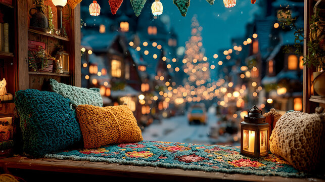 urban cityscape view through a window, gray and brown tones, vibrant bokeh effect, inviting atmosphere,