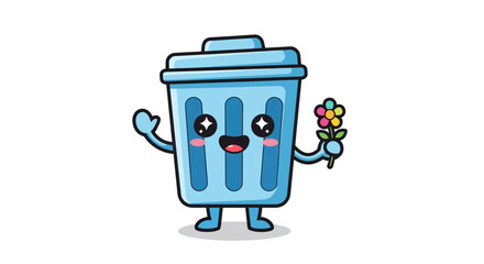 Charming waste bin character offering a colorful flower isolated on a white background