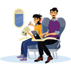 Couple Traveling Together On Airplane Seated By Window With Laptop And Reading Material Enjoying Flight Journey With Bright Interior Lighting and Blue Sky Outside