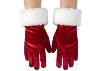 Pair of Santa Claus Red Velvet Gloves with White Fur Cuffs Isolated on Transparent Background