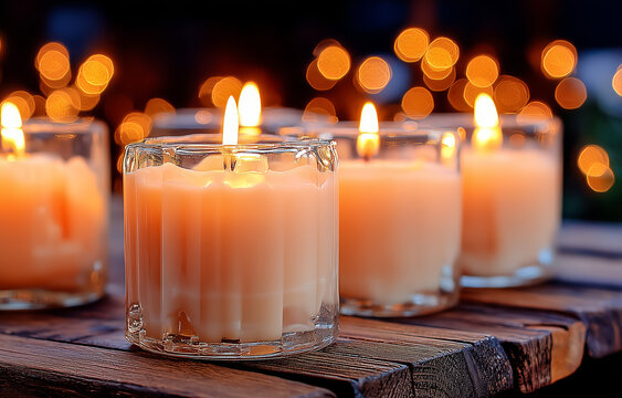Glowing candles illuminating a serene wooden table setting at night