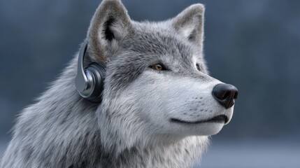 Obraz premium Realistic Wolf with Headphones Listening to Music in a Forest Setting Surrounded by Nature and Serenity