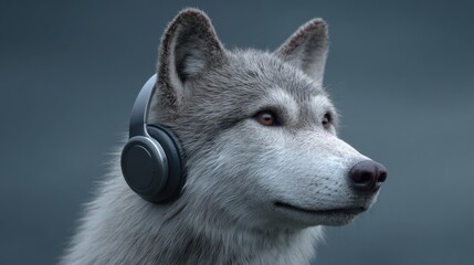 Obraz premium Realistic wolf wearing headphones listening to music in a calm and serene atmosphere with soft lighting and neutral background