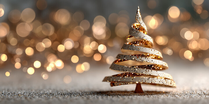 Decorative golden christmas tree with sparkling lights in background