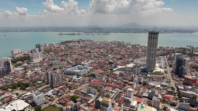 sunny day penang island famous george town city center famous tower exterior aerial panorama 4k timelapse malaysia