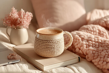cup of coffee, open book, cozy bed, warm brown and gray tones, soft shadows, depth of field, inviting atmosphere,