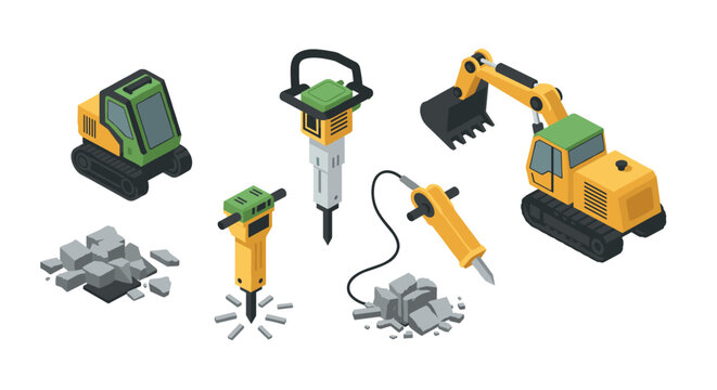 Construction equipment set with heavy machinery and jackhammers in isometric style