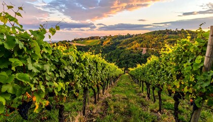 Fototapeta premium Lush vineyard rows stretch into the distance, bathed in the warm light of the setting sun, against a hilly backdrop