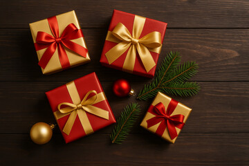 Assorted christmas gifts with decorations on wooden background