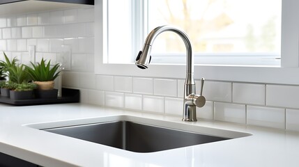 Modern kitchen sink and faucet with sleek design and bright natural light for a clean and inviting cooking space, perfect for home improvement advertising