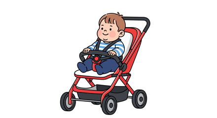 Illustration showcasing a cheerful toddler comfortably seated within a bright red stroller