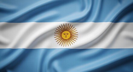 Detailed wavy fabric depicting the national flag of argentina with sun emblem in center