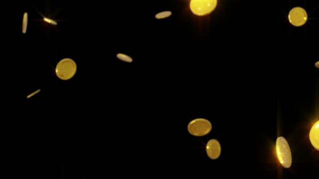 Gold coins falling down on black background, Business concept. Dollar coins falling down animation