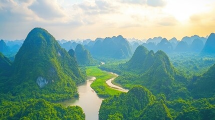 Fototapeta premium Golden Dawn Over a Serpentine River in a Verdant Sea of Endless Karst Mountains.