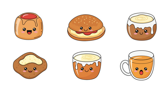 Kawaii dessert collection featuring charming cartoon pastries and refreshing drinks