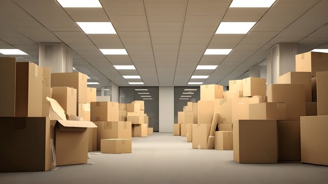 Empty office space filled with numerous cardboard boxes, ready for moving or storage.