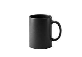 Matte obsidian black ceramic coffee mug (11oz), isolated on a seamless transparent infinity backdrop, soft high-key studio light emphasizing texture. Concept for product mockup and branding
