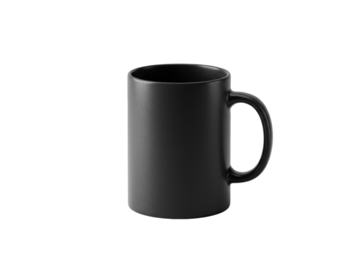 Matte obsidian black ceramic coffee mug (11oz), isolated on a seamless transparent infinity backdrop, soft high-key studio light emphasizing texture. Concept for product mockup and branding