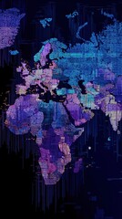 Abstract world map, made of small squares in purple and blue hues, against a dark background.