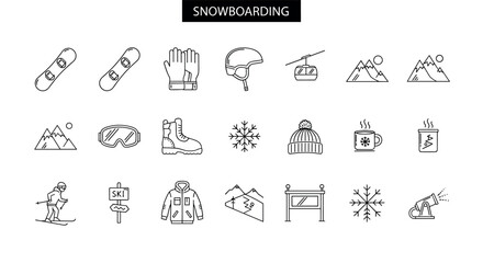 Minimalist snowboarding icons set featuring equipment and winter sports symbols