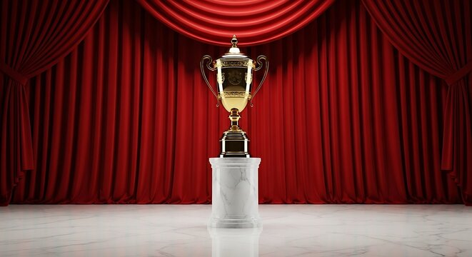 Golden trophy on stage with red curtains achievement success and recognition concept