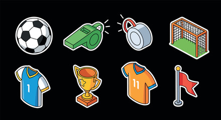 Colorful isometric sports icons featuring soccer elements on black background