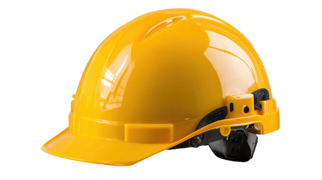 Bright yellow construction safety helmet with protective shell and adjustable strap suitable for industrial work isolated on white background