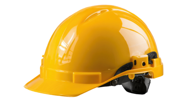 Bright yellow construction safety helmet with protective shell and adjustable strap suitable for industrial work isolated on white background