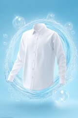 Crisp, clean white shirt surrounded by swirling water and bubbles, symbolizing freshness and purity.