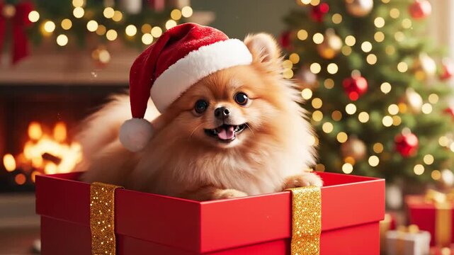 Fluffy Pomeranian Dog Wearing Santa Hat Popping Out of a Red Christmas Gift Box by a Fireplace