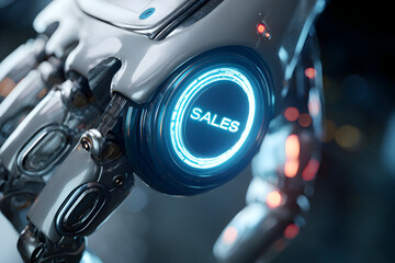 Futuristic humanoid robotic hand with sales concept display for marketing innovation