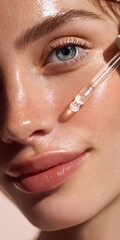 Close-up of a woman's face applying serum for radiant, hydrated skin, highlighting natural beauty.