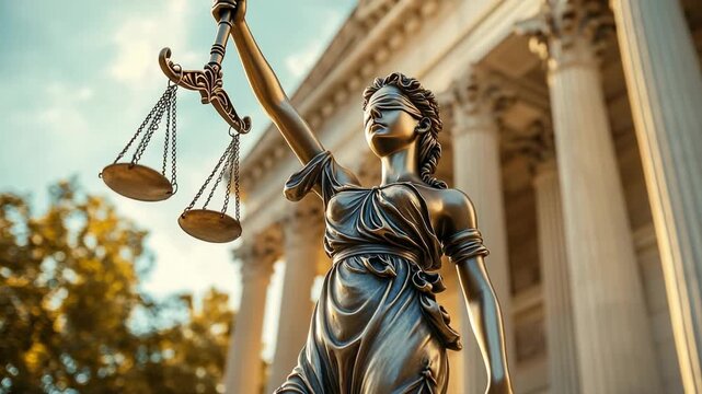 Bronze Lady Justice statue holds balanced scales in front of a courthouse symbolizing law and fairness